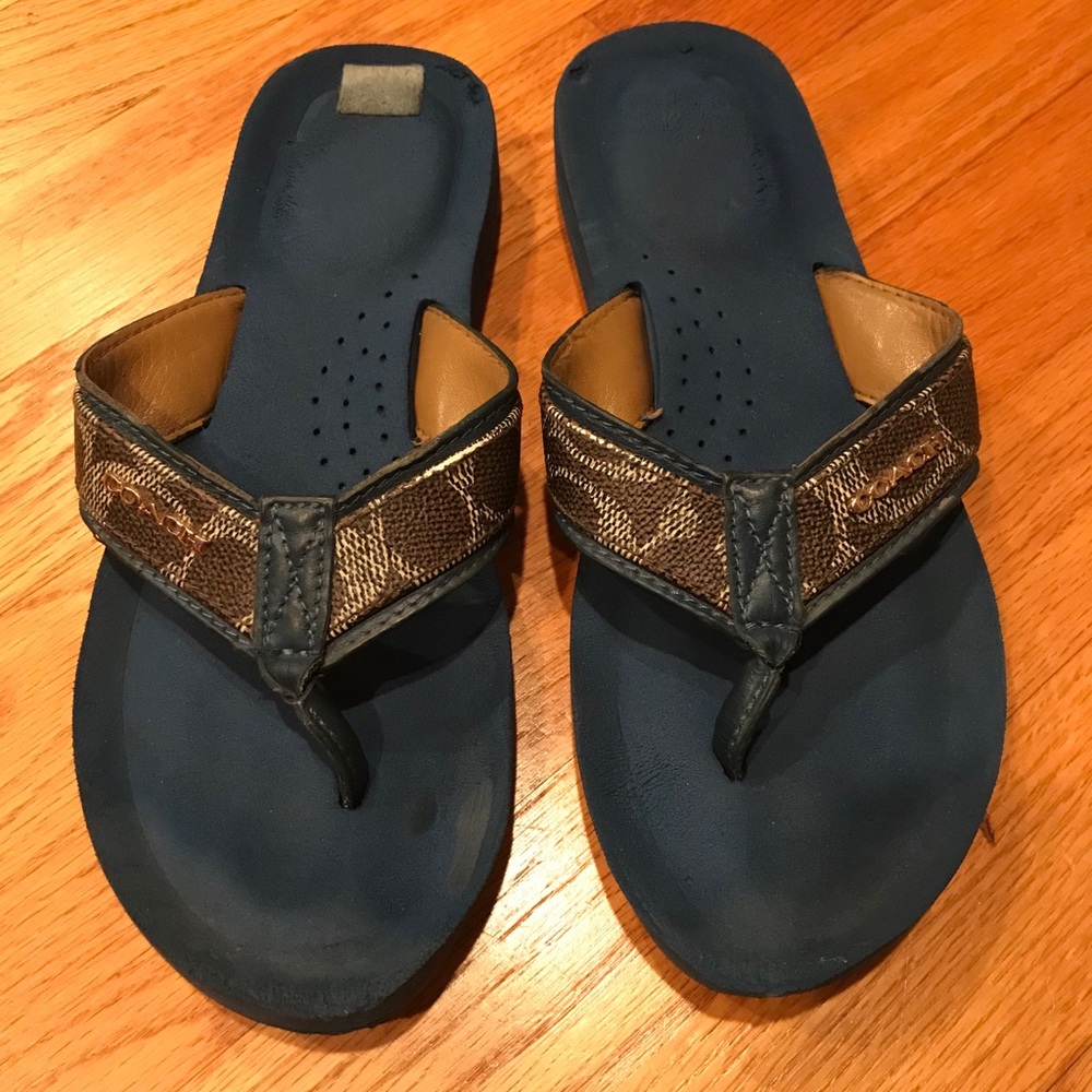 Coach flat sandals. Brown with blue soles. Sz 6.5
